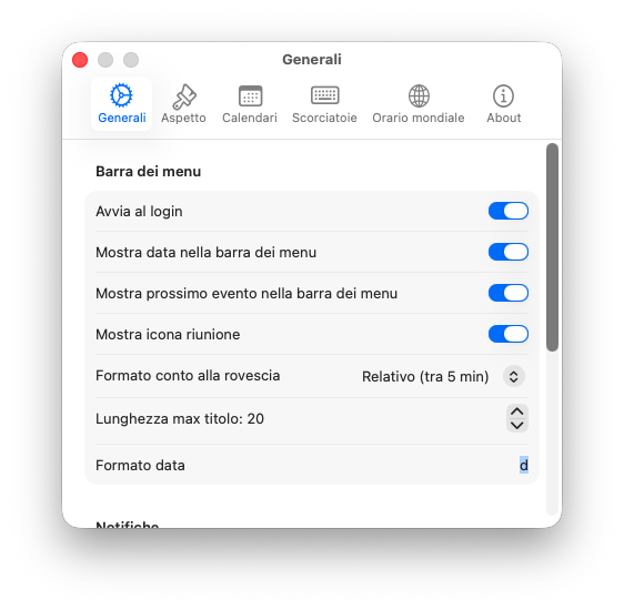 easyCal - Impostazioni generali