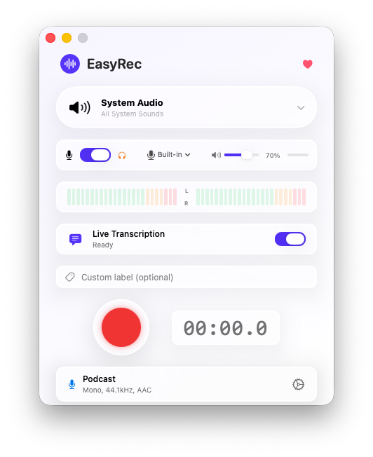 easyRec - Interfaccia principale